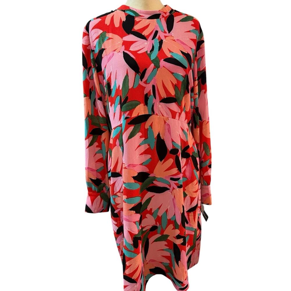 Donna Morgan High Neck Floral Mini Dress Womens 14  Long Sleeves Button Cuff New